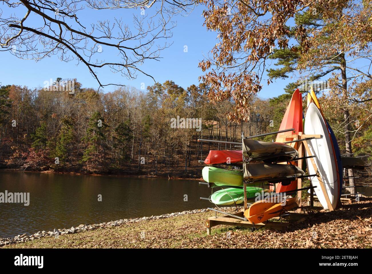 Outdoor canoe stand at Lake Lanier, the largest lake in Georgia, USA. Stock Photo