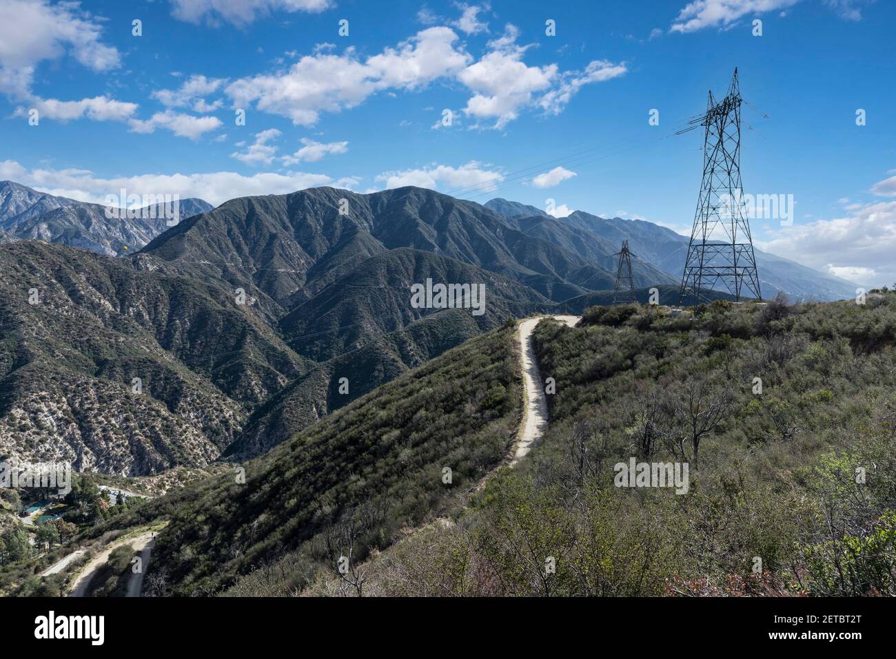 Rural electric power pylon towers along Mt Lukens Truck Trail fire road in the San Gabriel Mountains in Los Angeles County California. Stock Photo