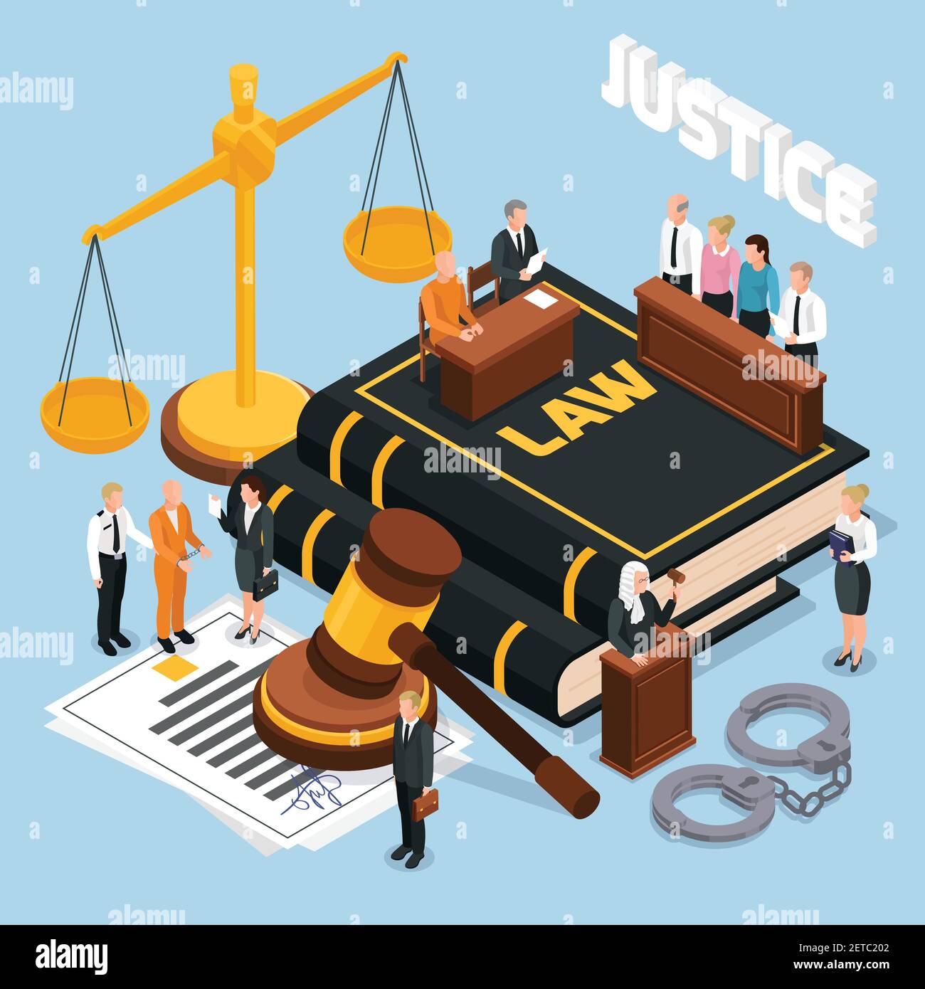 Law justice jury trial legal court proceedings isometric composition