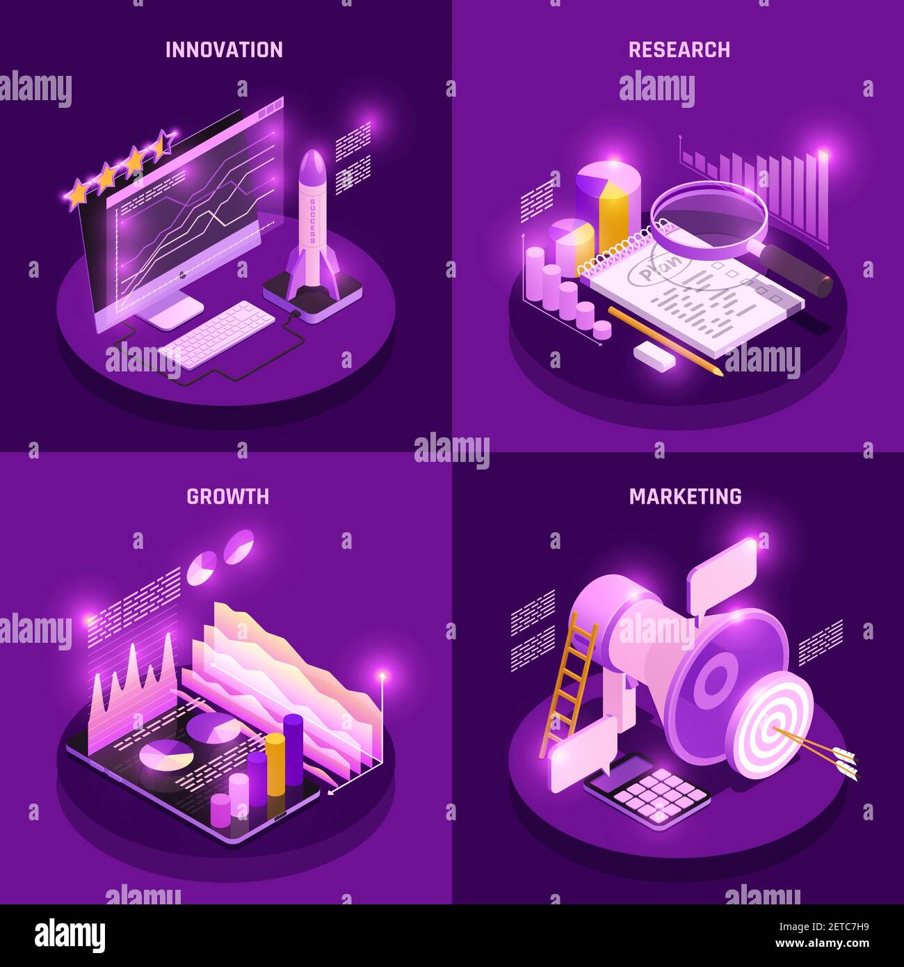 Business strategy isometric concept icons set with research and ...