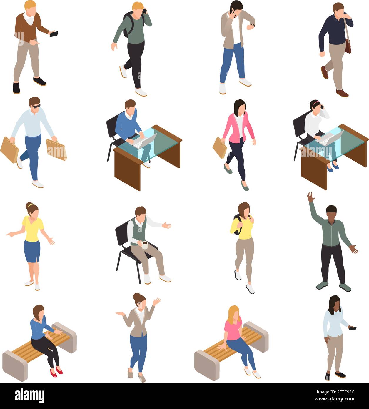 Casual city people isometric icons set with work and free time symbols ...