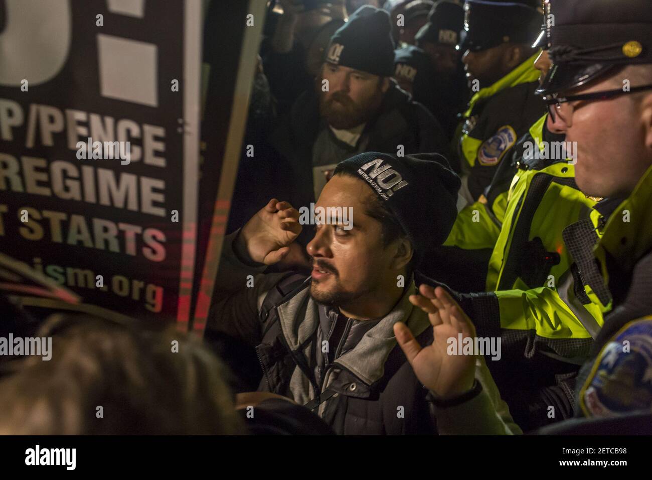 On the eve before Donald Trump is sworn in as the 45th President of the United States, in a pre-inauguration protest on January 19, 2017, hundreds of activists surrounded the Alt-Right 'Deploraball,' which was taking place inside the National Press Club in Washington D.C. (Photo by Michael Nigro) *** Please Use Credit from Credit Field *** Stock Photo