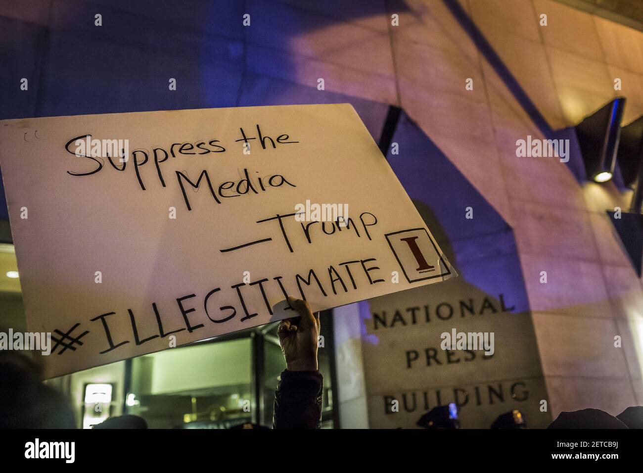 On the eve before Donald Trump is sworn in as the 45th President of the United States, in a pre-inauguration protest on January 19, 2017, hundreds of activists surrounded the Alt-Right 'Deploraball,' which was taking place inside the National Press Club in Washington D.C. (Photo by Michael Nigro) *** Please Use Credit from Credit Field *** Stock Photo