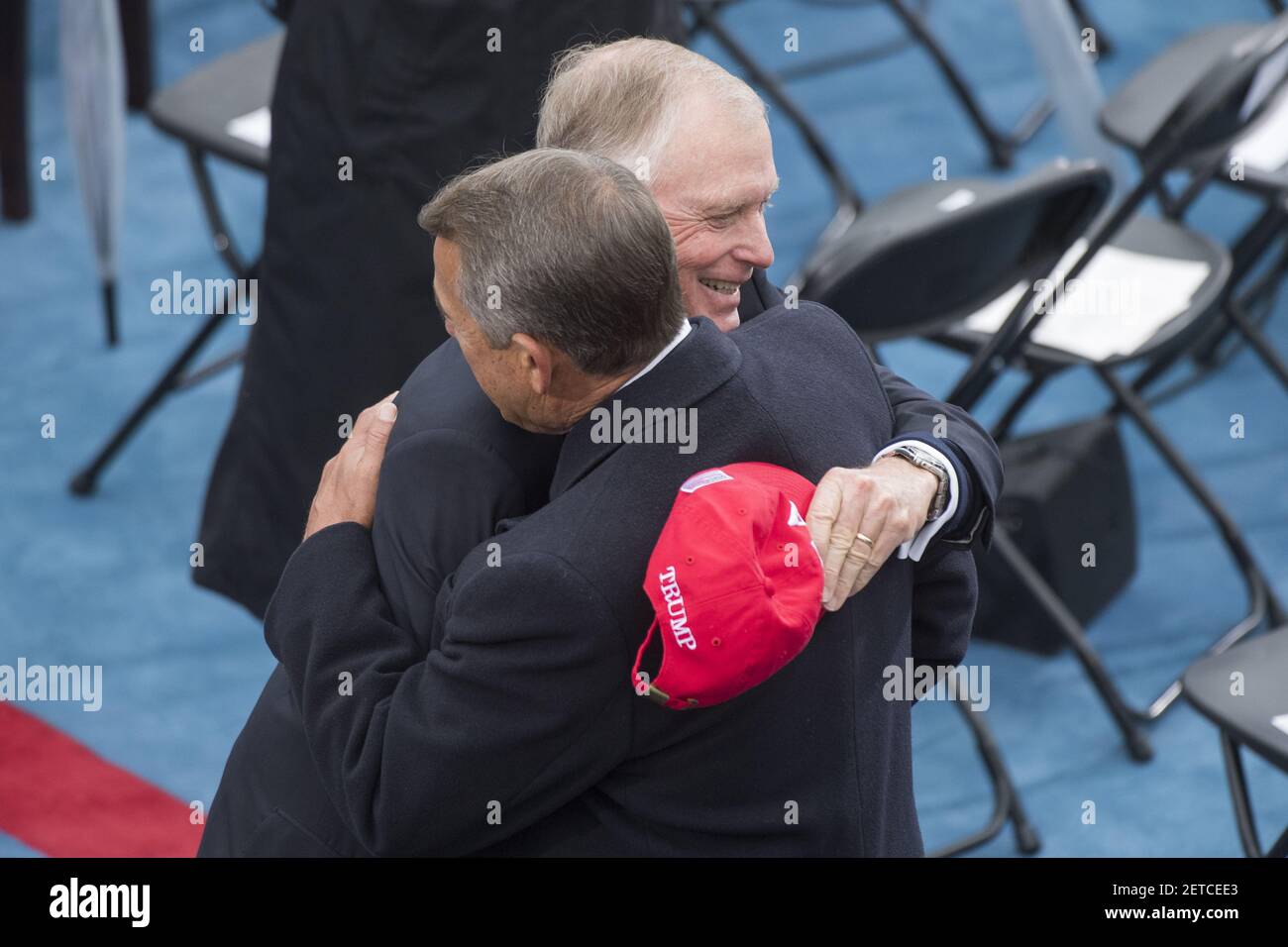 UNITED STATES - JANUARY 20: Former Speaker John Boehner, R-Ohio, greets former Vice President Dan Quayle before Donald J. Trump was sworn in as the 45th President of the United States on the West Front of the Capitol January 20, 2017. (Photo By Tom Williams/CQ Roll Call) *** Please Use Credit from Credit Field *** Stock Photo