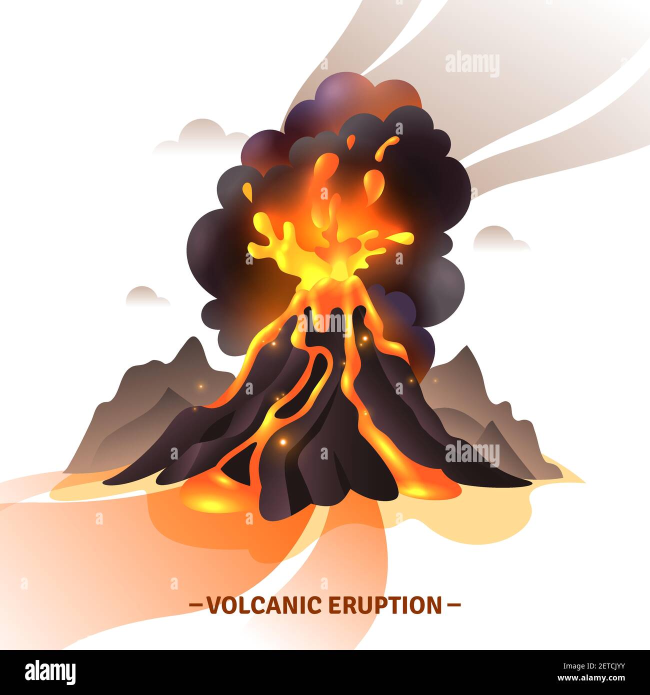 Volcanic eruption cartoon composition with salute from magma ashes and smoke flying out from