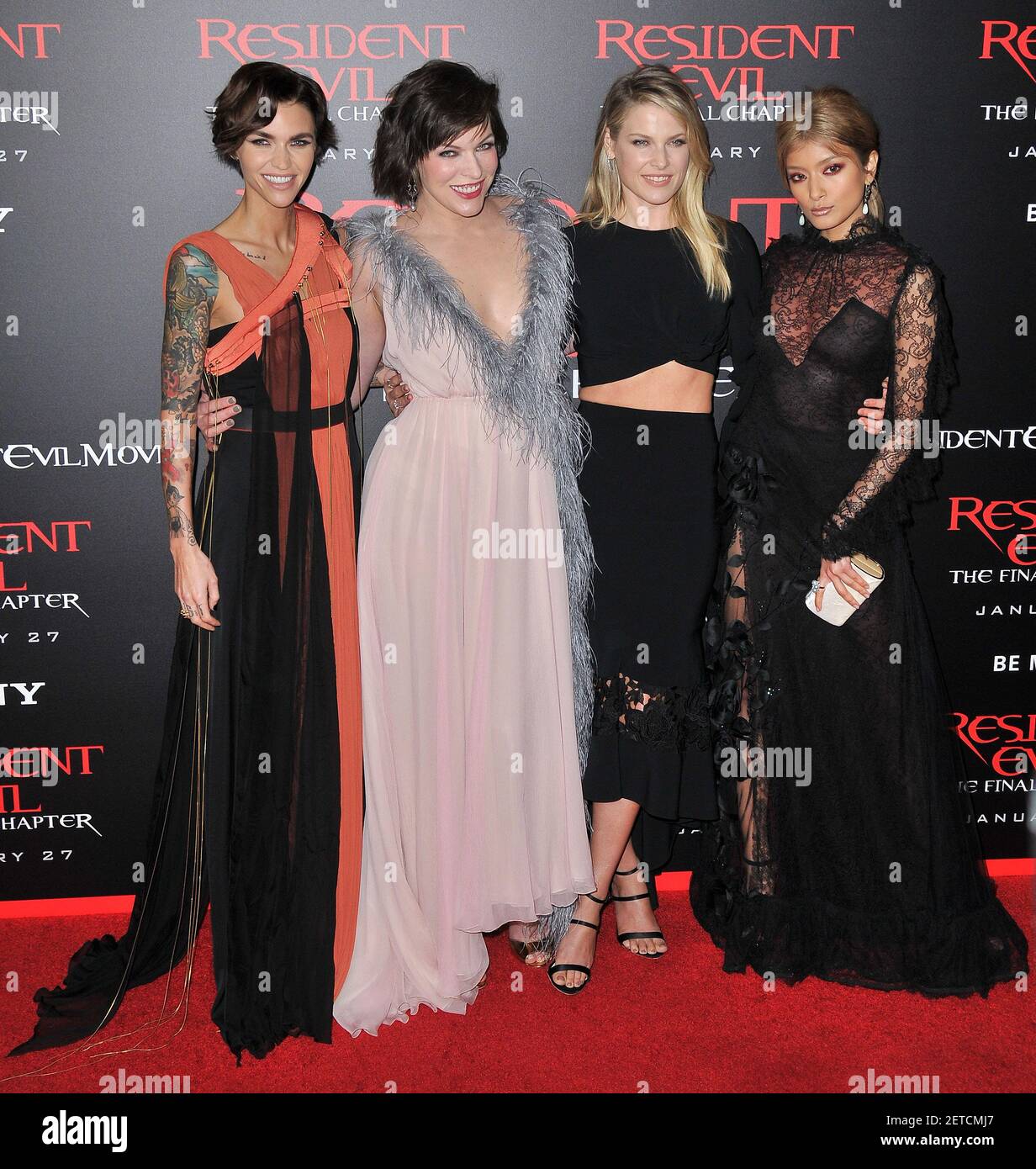 L-R) Resident Evil: The Final Chapter Cast - Fraser James, Ruby Rose,  Milla Jovovich, Director Paul W.S. Anderson, William Levy, Ali Larter, Rola  and Eoin Macken arrives at the Resident Evil: The