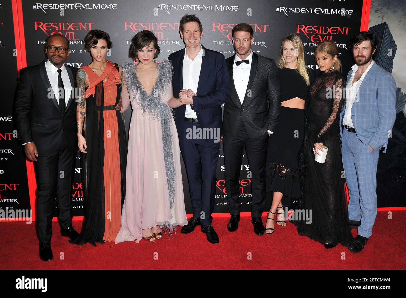 L-R) Resident Evil: The Final Chapter Cast - Fraser James, Ruby Rose,  Milla Jovovich, Director Paul W.S. Anderson, William Levy, Ali Larter, Rola  and Eoin Macken arrives at the Resident Evil: The