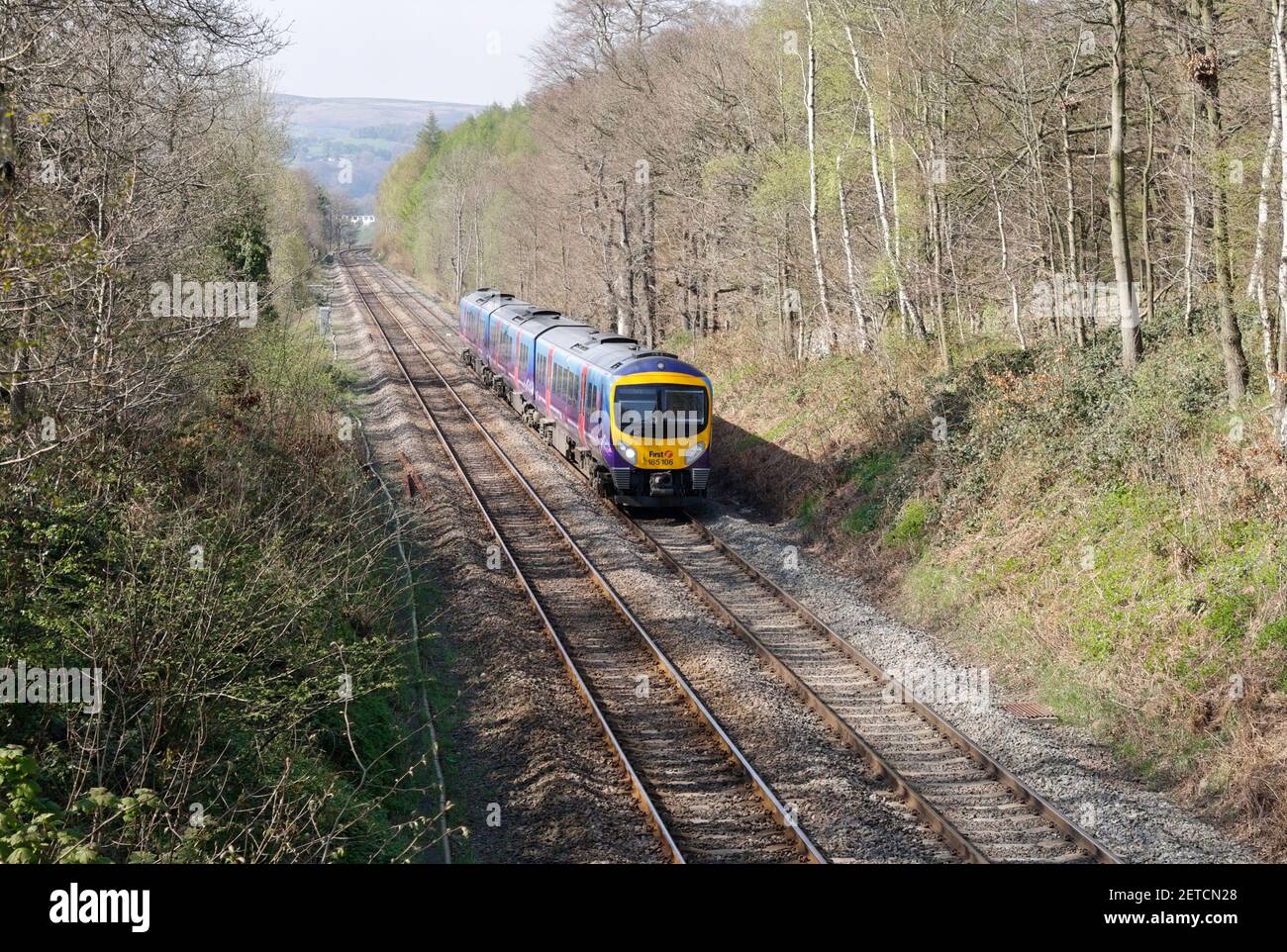 First trans pennine express passenger train passing through Grindleford in Derbyshire England UK, Hope valley line Stock Photo