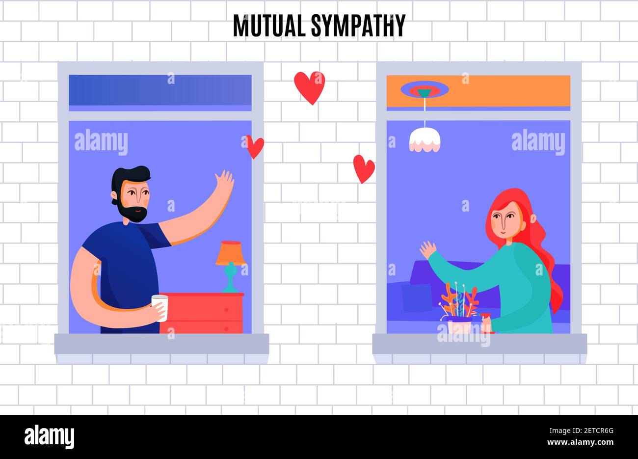 Mutual sympathy between man and woman composition with neighbors waving each other from windows vector illustration Stock Vector