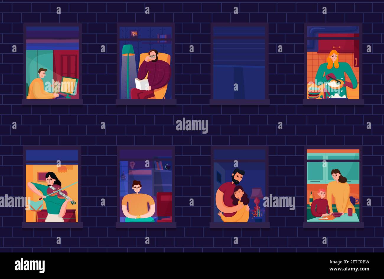 Neighbors during evening occupations in windows of home on background of brick wall night vector illustration Stock Vector