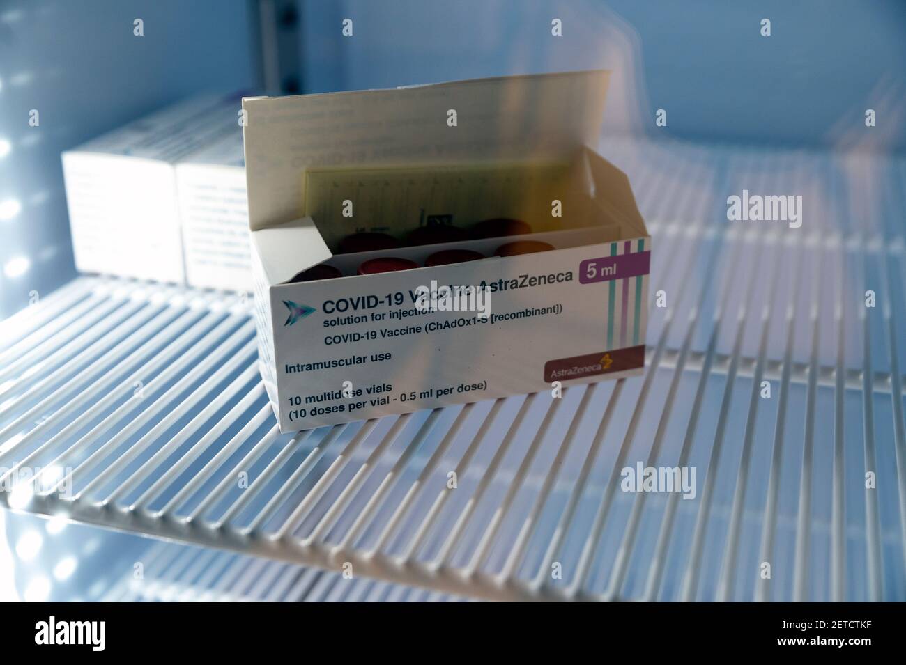 Open package of the Astrazeneca vaccine closed in a low temperature refrigerator and ready to use. Astrazeneca produces the vaccine against COVID-19 Stock Photo