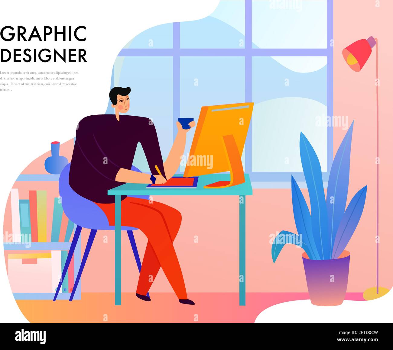 Graphic designer during creative work behind desk with computer on window background flat vector illustration Stock Vector
