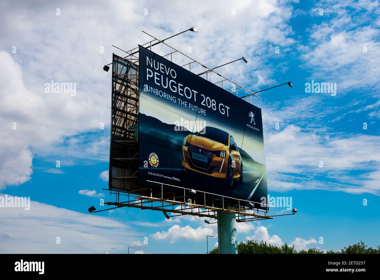 Buenos Aires, Argentina. February 14, 2021. New Peugeot 208 GT car sign in Leopoldo Lugones Avenue Stock Photo