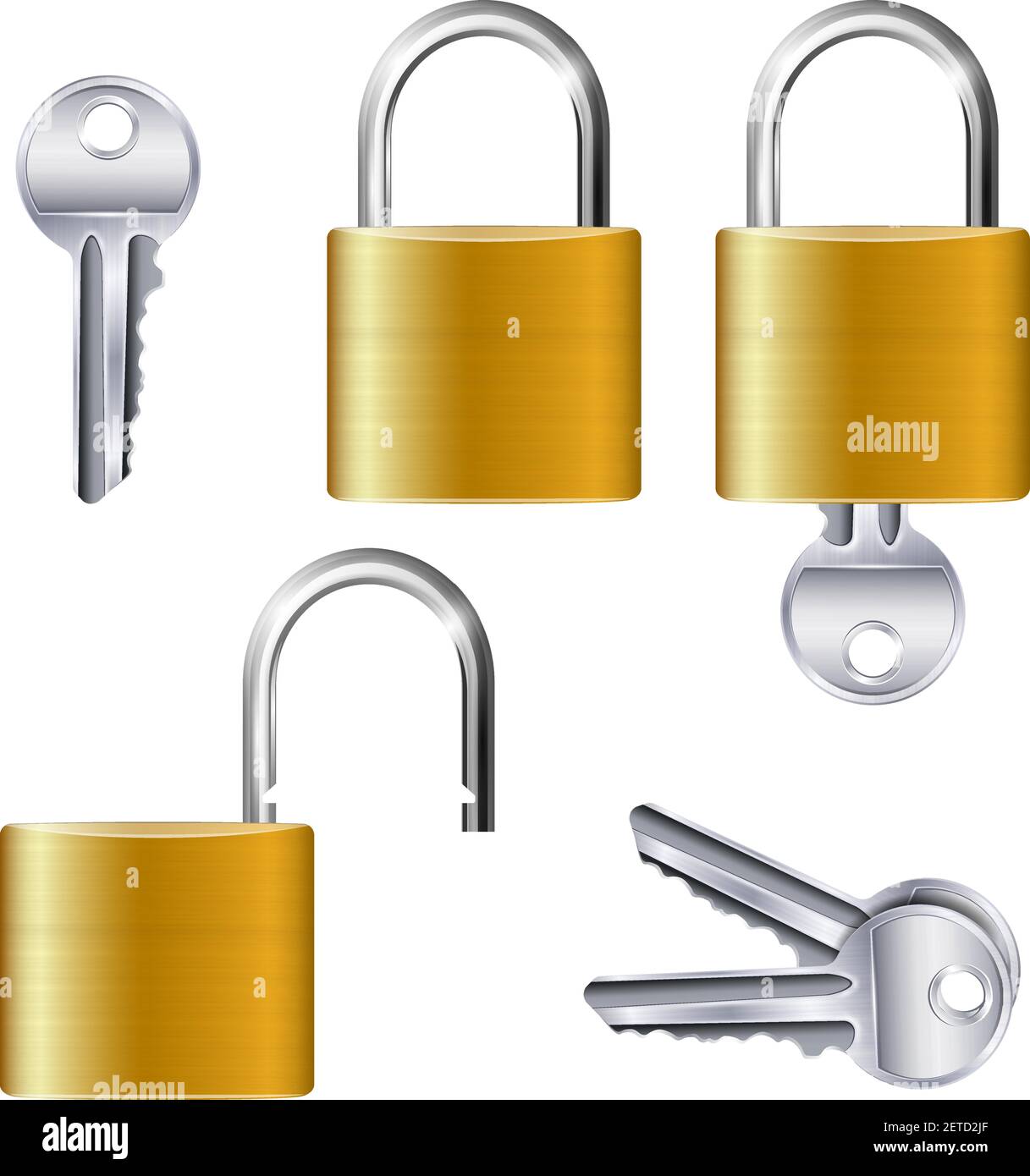 Realistic set of identical gold metallic open and closed padlocks and ...