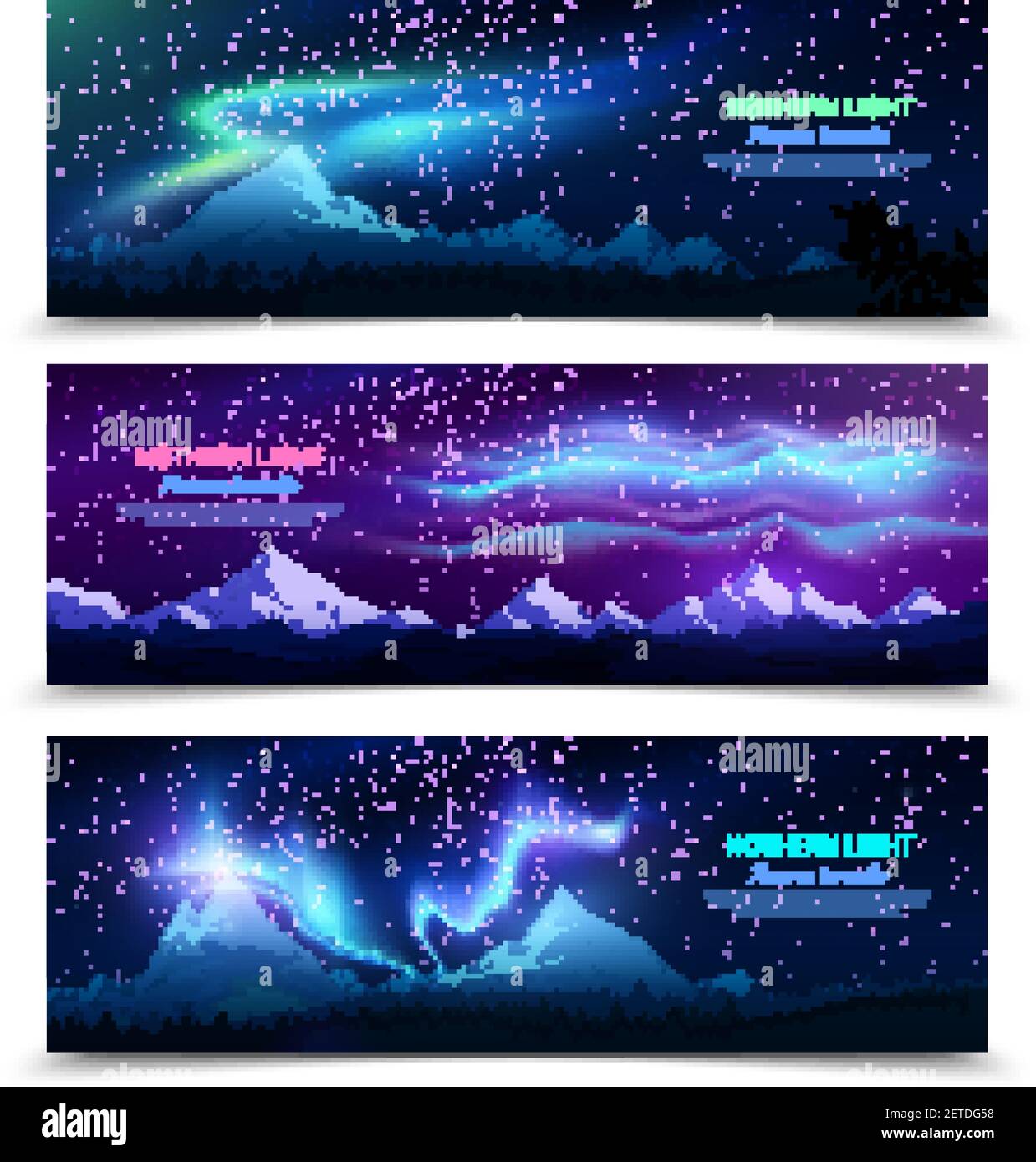 Northern lights aurora borealis night sky and landscape 3 colorful realistic horizontal banners set isolated vector illustration Stock Vector