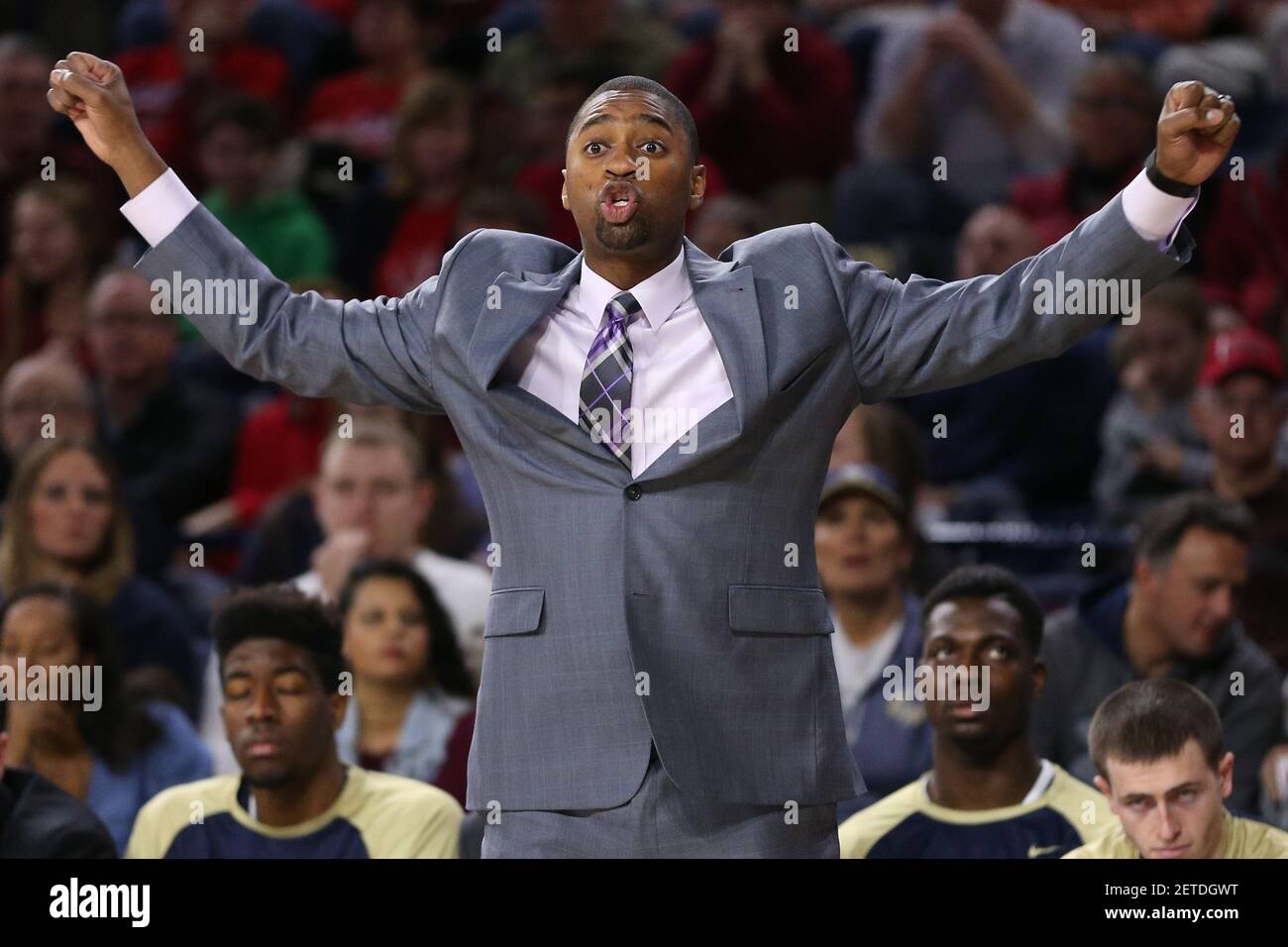 Feb 4, 2017; Richmond, VA, USA; George Washington Colonials head coach Maurice Joseph gestures from the sidelines during the first half against the Richmond Spiders at Robins Center. The Spiders won 84-75. Mandatory Credit: Amber Searls-USA TODAY Sports *** Please Use Credit from Credit Field *** Stock Photo