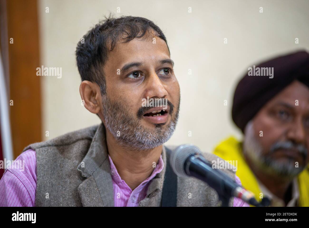 New Delhi, India. 01st Mar, 2021. Sanjeev Mathur a member of Bahujan Samajwadi Manch speaks in support of Nodeep Kaur Dalit labour activist during a press conference at press club of India. Credit: SOPA Images Limited/Alamy Live News Stock Photo