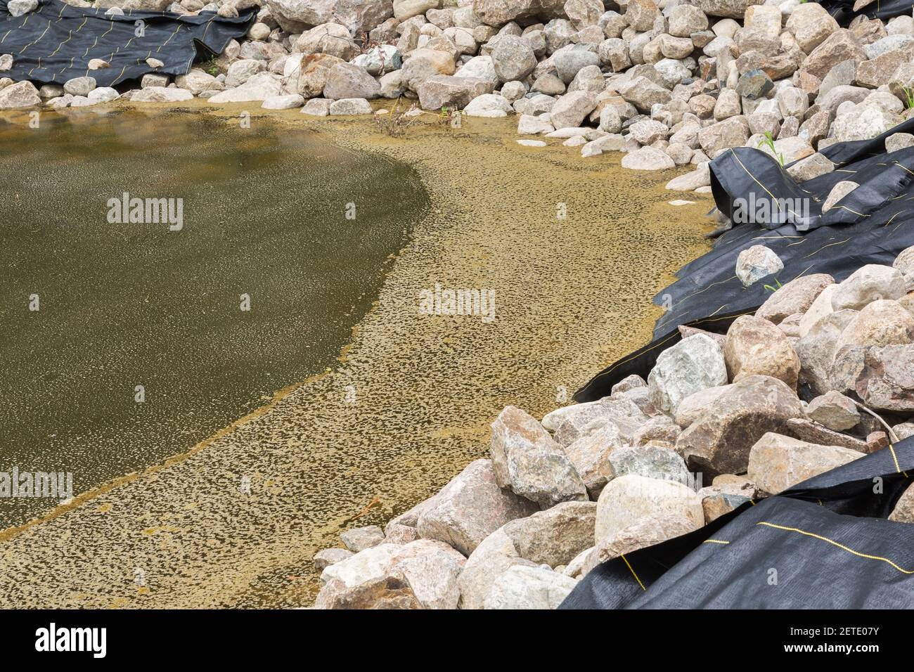 Black polypropylene liner and decorative rocks at edge of large ornamental pond under construction Stock Photo