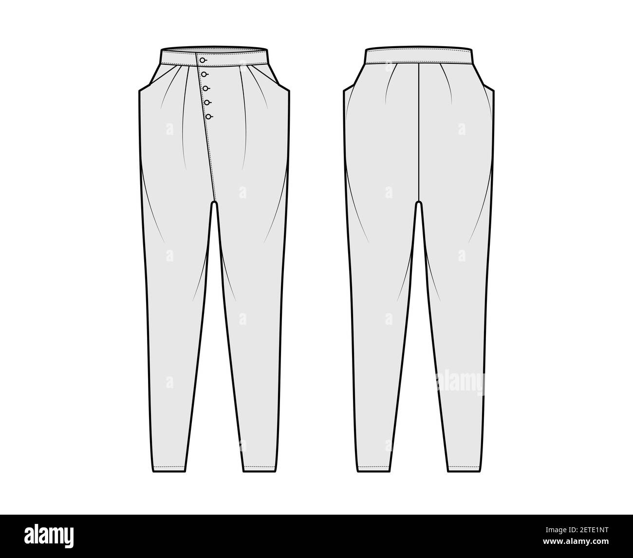 Tapered Baggy pants technical fashion illustration with normal waist, high  rise, slash pockets, draping front, full lengths. Flat apparel template  back, white, grey color style. Women, men, unisex CAD Stock Vector Image