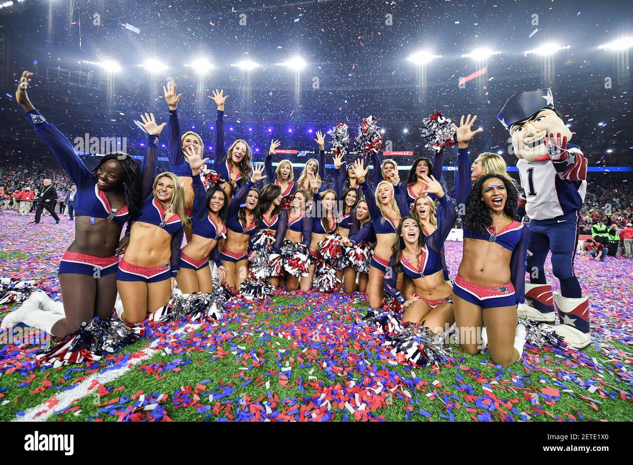New England Patriots cheerleaders celebrate during the post game ceremony  for Super Bowl LI after they defeated the Atlanta Falcons 34-28 in overtime  held at the NRG Stadium on February 5, 2017