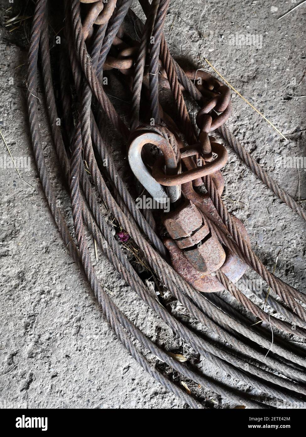 The steel cable, with loops and copper clamps Stock Photo Alamy