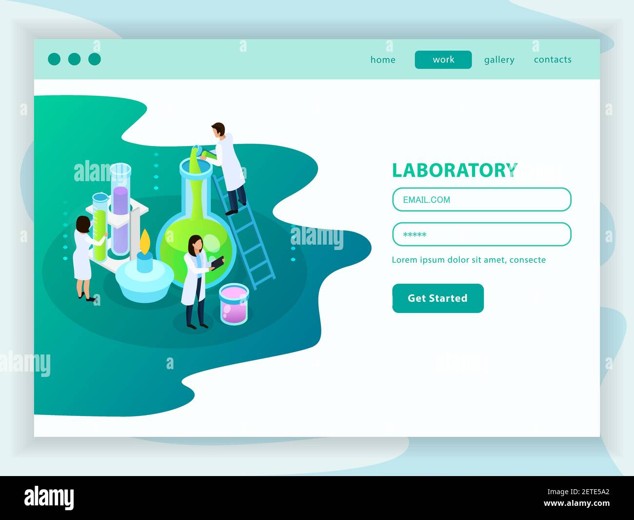 Vaccines development isometric web landing page with menu user account ...