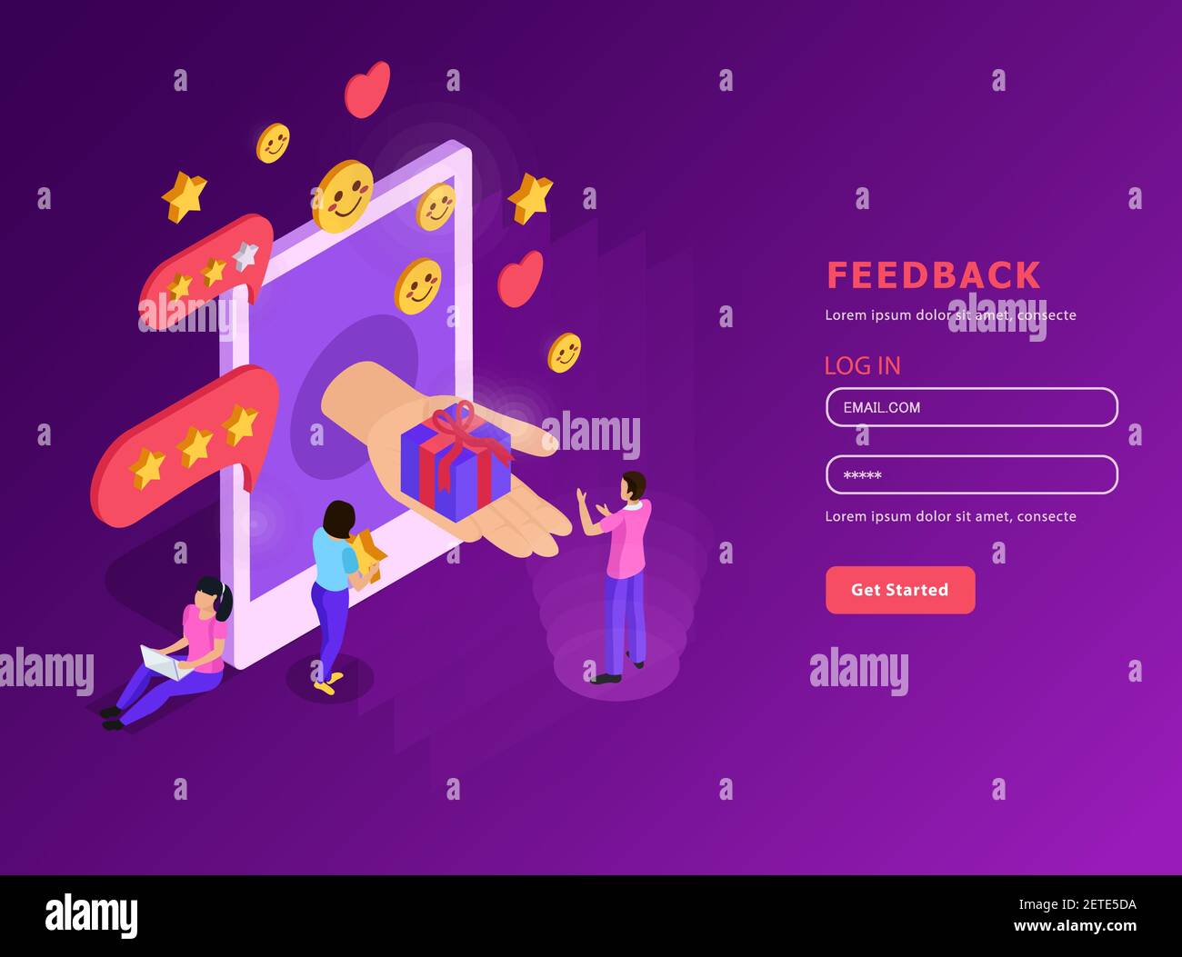 CRM system feed back with mobile device isometric composition with user account purple background vector illustration Stock Vector