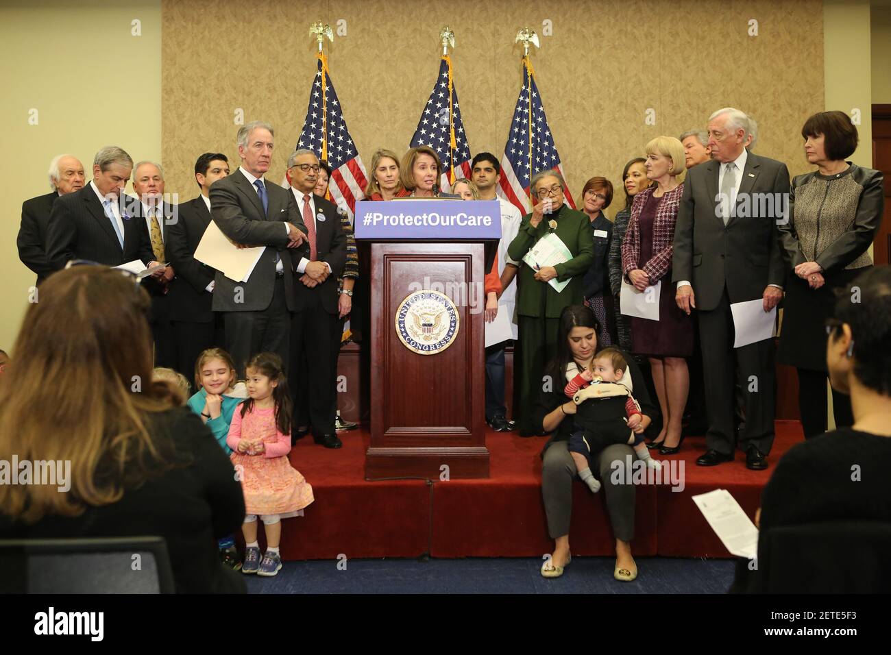 House Minority Leader Nancy Pelosi of Calif., and House Democrats hold a news conference with school nurses, parents and advocates to highlight "how Republican plans to dismantle the Affordable Care Act (ACA) will harm children." on Capitol Hill in Washington, Tuesday, Feb. 7, 2017. (Photo by Oliver Contreras) *** Please Use Credit from Credit Field *** Stock Photo