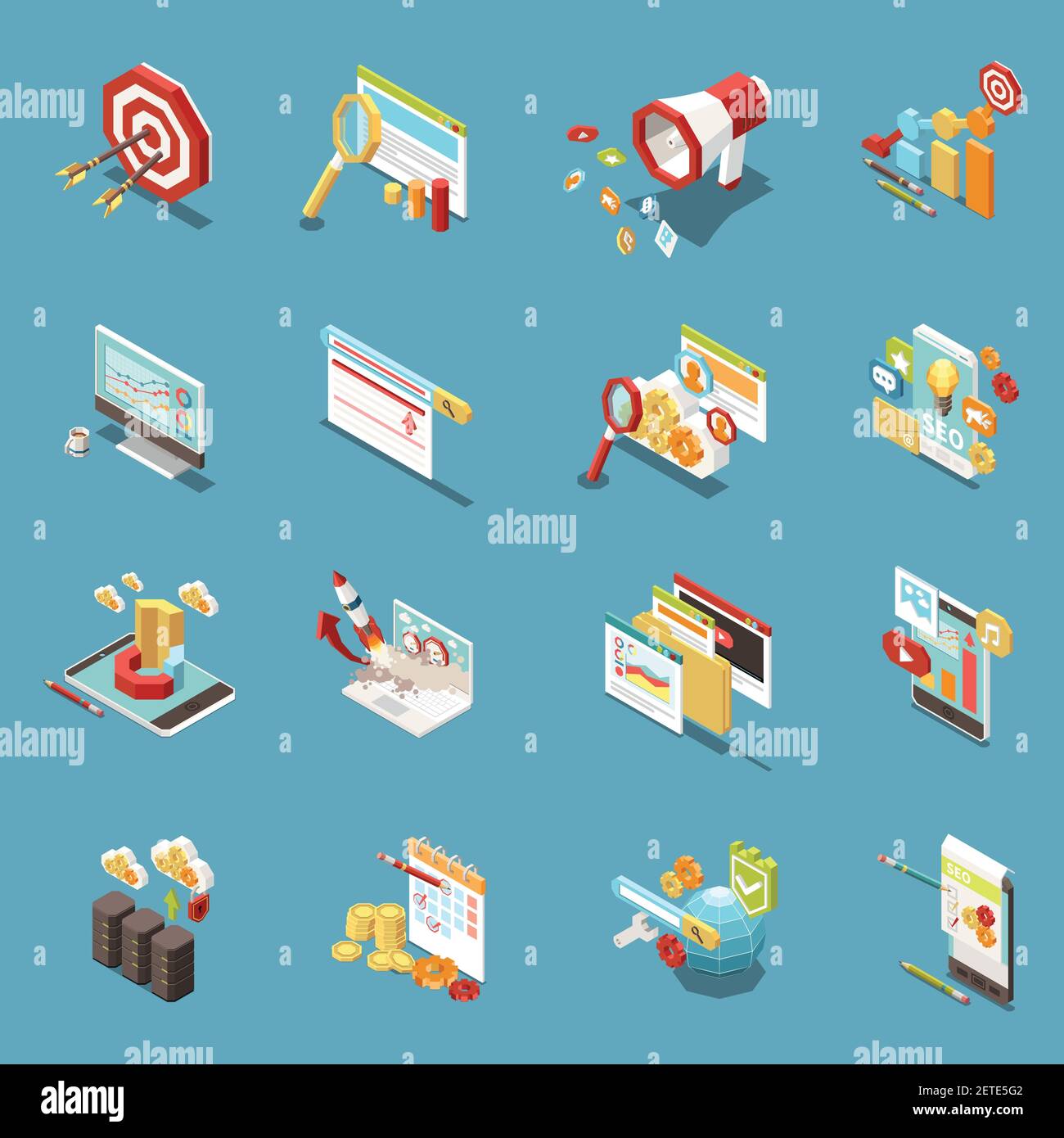 Web SEO isometric icon set with work elements and abstract isolated ...