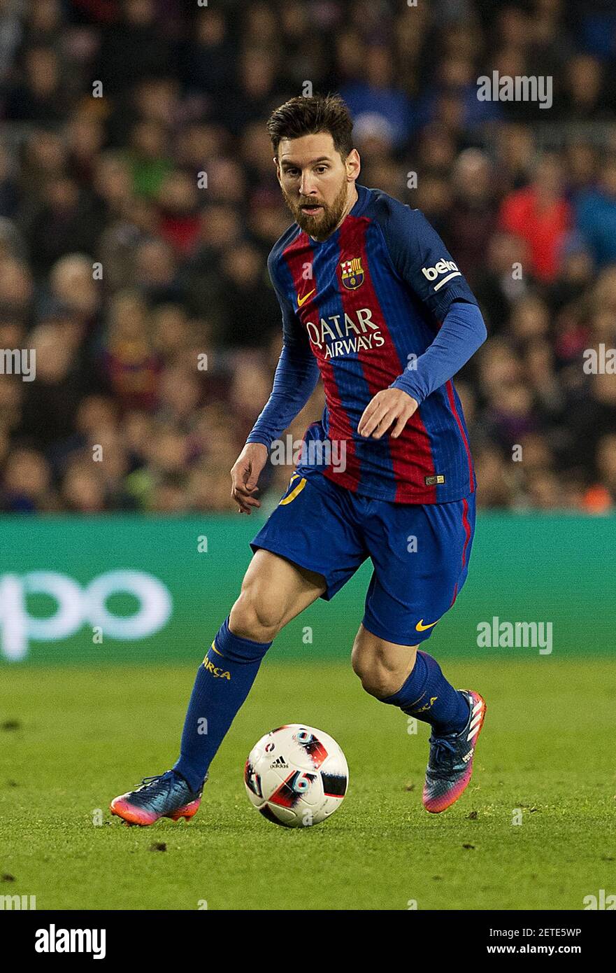 Barcelona's Lionel Messi vies the ball during the King Cup semi final  second leg football match, between Barcelona and Atletico de Madrid at the  Camp Nou stadium in Barcelona. Spain, Feb. 7,