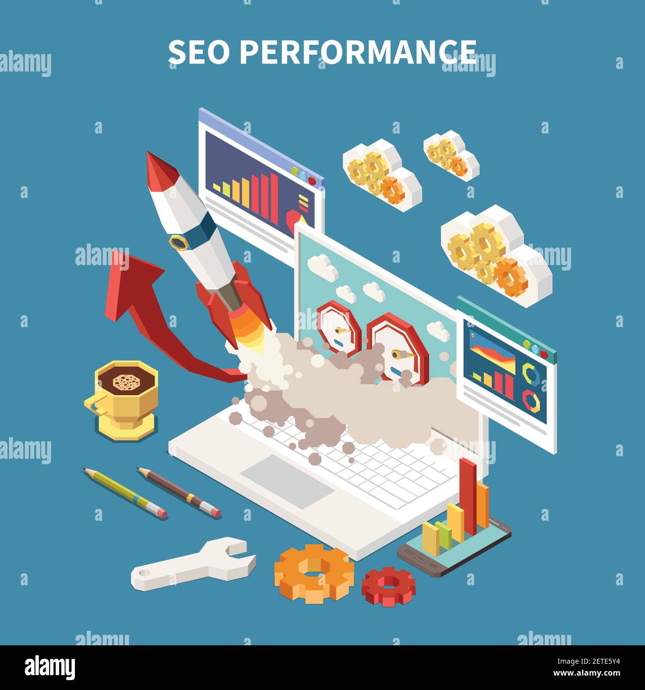 Colored and isometric web SEO composition with different abstract elements in notebook vector illustration Stock Vector