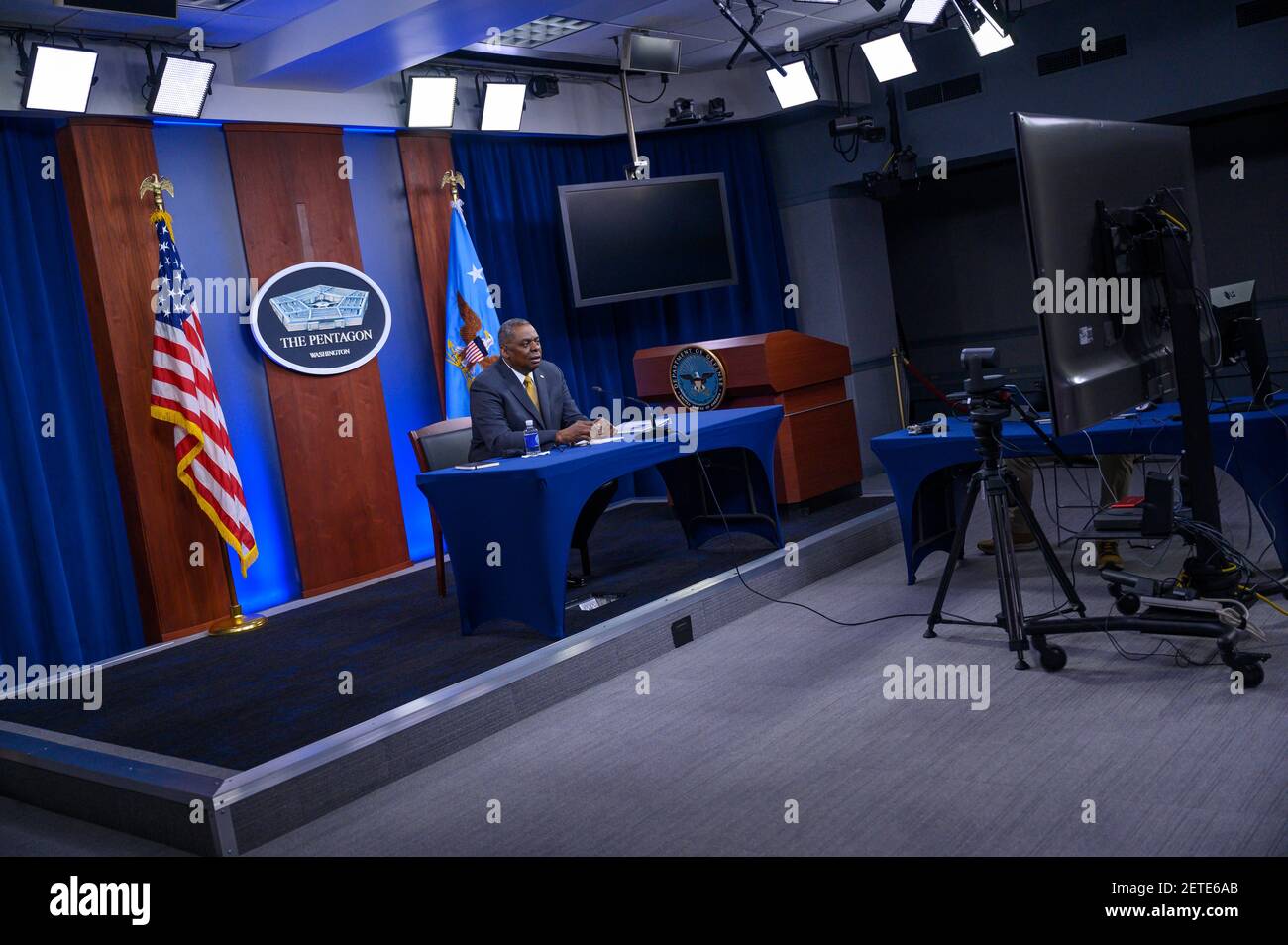 U.S. Secretary of Defense Lloyd J. Austin III, participates in a Black History Month virtual engagement with Department of Defense high school students from Fort Knox and Fort Campbell High Schools at the Pentagon February 26, 2021 in Arlington, Virginia. Stock Photo