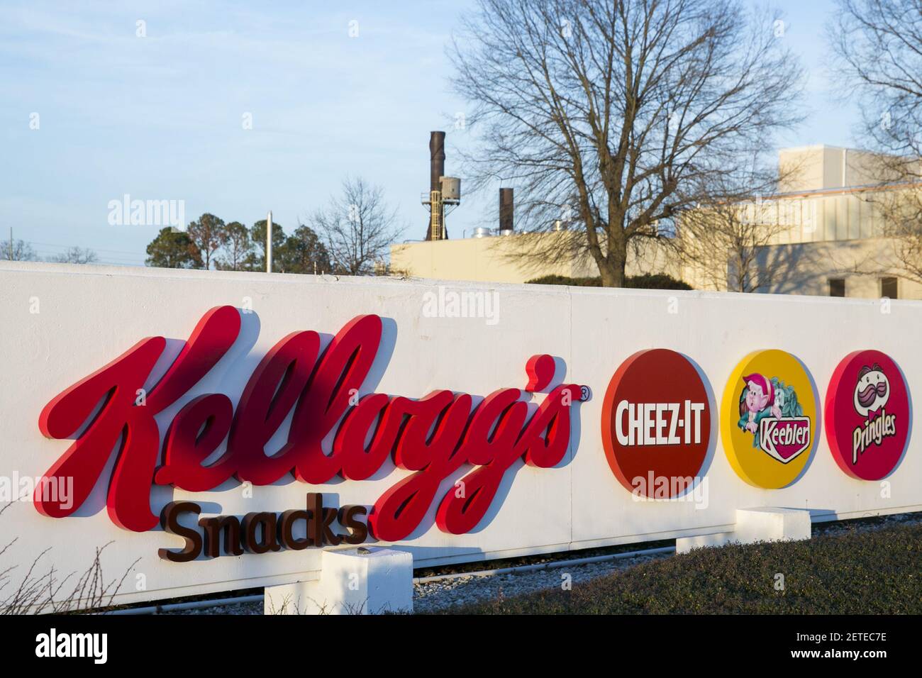 A logo sign outside of the Kellogg's Snacks factory in Jackson