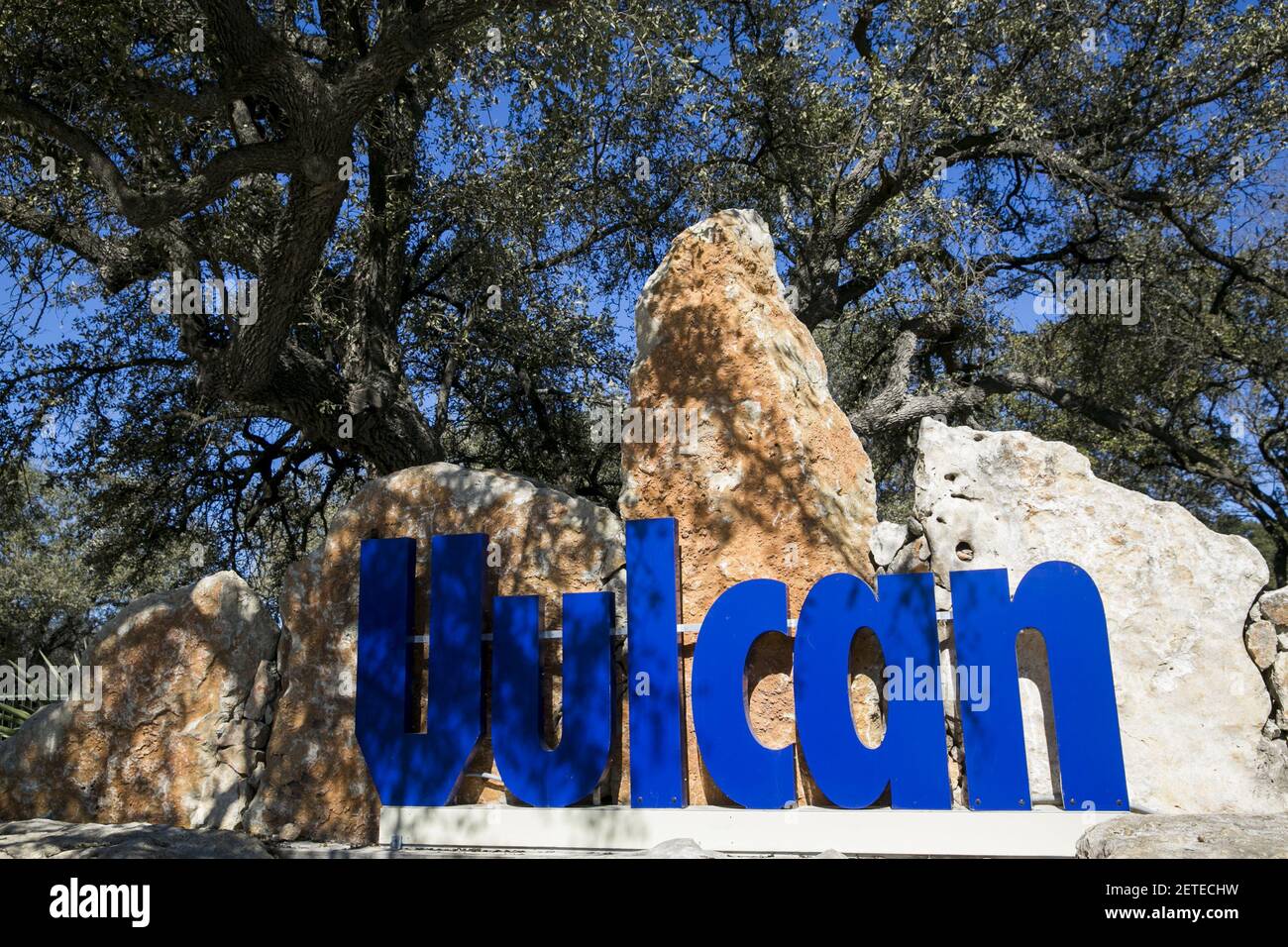 A logo sign outside of a facility occupied by Vulcan Materials in San