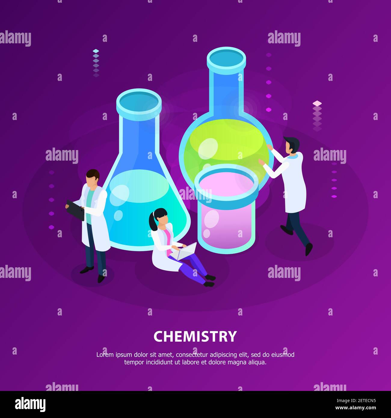 Scientific chemistry research during development of vaccines on purple background isometric vector illustration Stock Vector