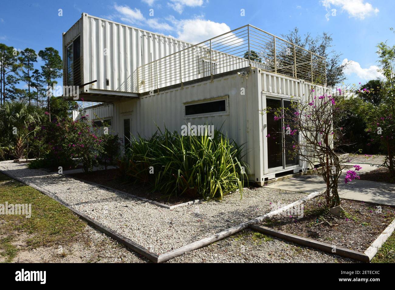 The shipping container house of Rick Clegg of the Headwaters Eco Retreat in Jupiter Farms. The container house is being used as an AirBnB rental and as an eco retreat for tourists who don't want to stay in a hotel or sleep in a tent. (Photo by Jim Rassol/Sun Sentinel/TNS) *** Please Use Credit from Credit Field *** Stock Photo