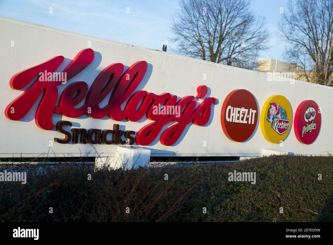 A logo sign outside of the Kellogg's Snacks factory in Jackson