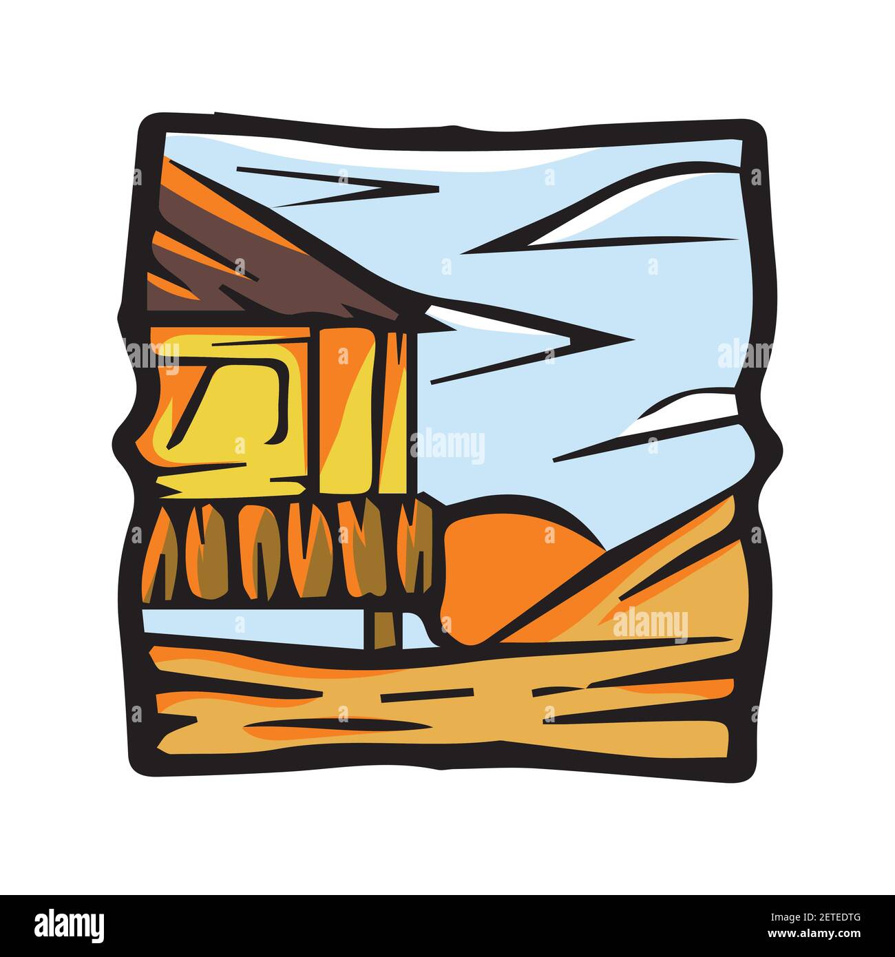 Cabin sticker vector. Sunset view with house and mountain illustration, Sunset sticker vector. Stock Vector