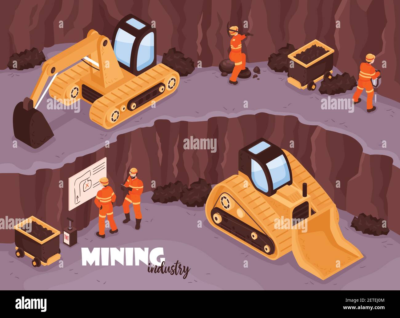 Mine industry background with characters of workers in uniform open mine scenery with excavators and text vector illustration Stock Vector