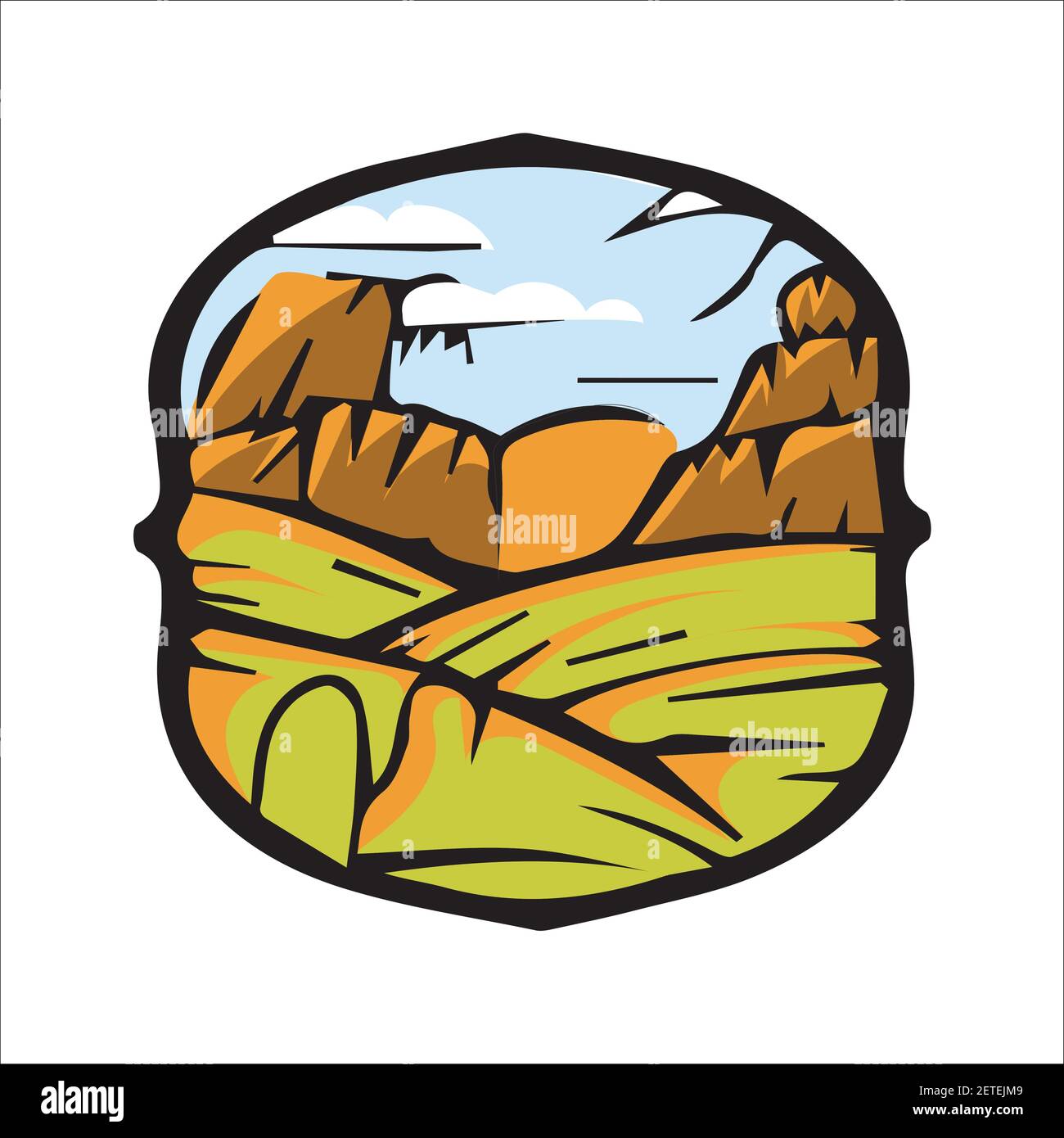 Desert sunset sticker vector. Sunset view with house and mountain illustration, Sunset sticker vector. Stock Vector