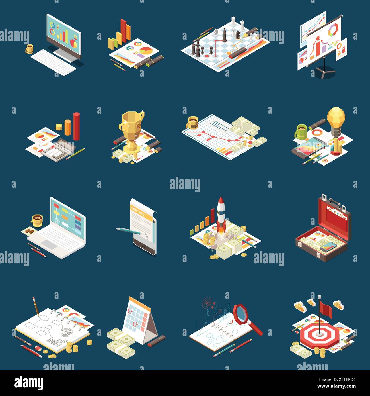 Business strategy isometric icon set isolated different elements on the ...