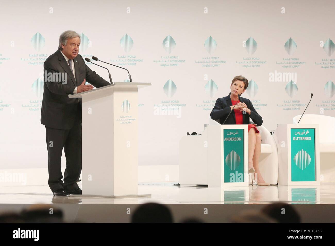 (170213) -- DUBAI, Feb. 13, 2017 (Xinhua) -- United Nations Secretary General Antonio Guterres (L) speaks during the 5th World Government Summit in Dubai, United Arab Emirates, Feb. 13, 2017. Guterres said here on Monday that he was disappointed that the U.S. opposed his appointment of former Palestinian Prime Minister Salam Fayyad as UN envoy to mediate in the conflict in Libya. (Xinhua/Li Zhen) (hy) (Photo by Xinhua/Sipa USA) Stock Photo