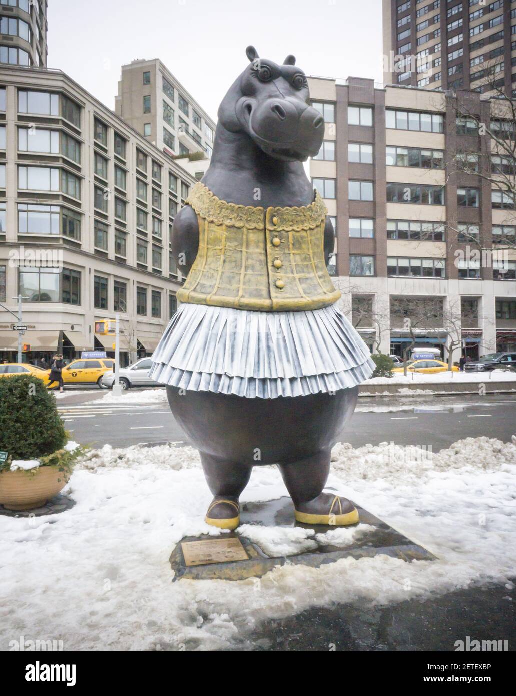 Passer-by delight in the newly installed "Hippo Ballerina" sculpture by the  Danish artist BjÃ¸rn Okholm Skaarup in Dante Park across from Lincoln  Center in New York on Saturday, February 11, 2017. The