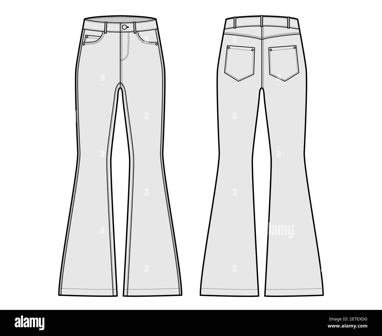 Jeans flared bottom Denim pants technical fashion illustration with ...