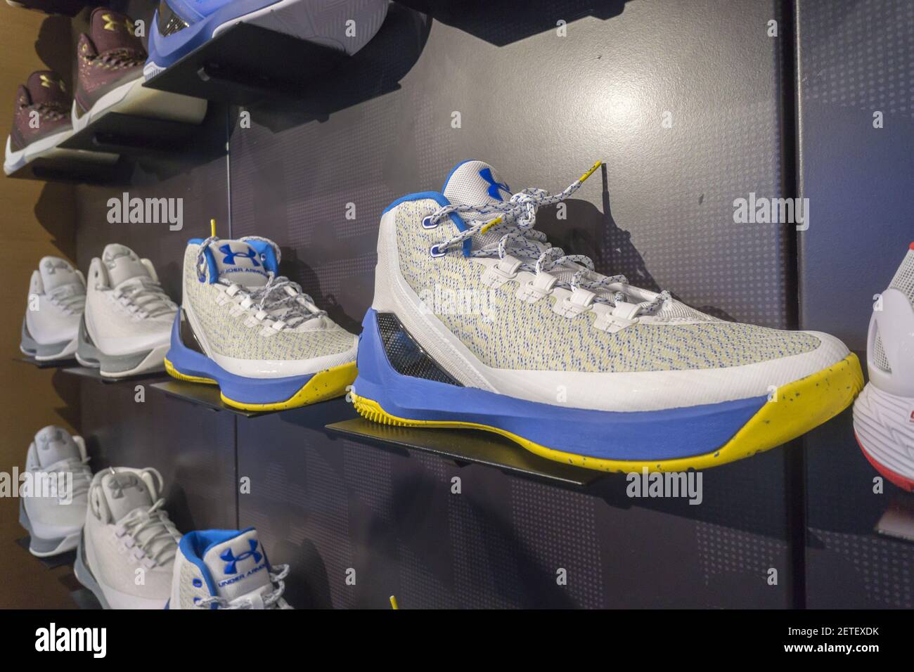 Steph Curry sneakers in the Under Armour store in the Westfield World Trade  Center Oculus mall in New York on Saturday, February 11, 2017. Under  Armour's celebrity endorsers, basketball player Steph Curry,