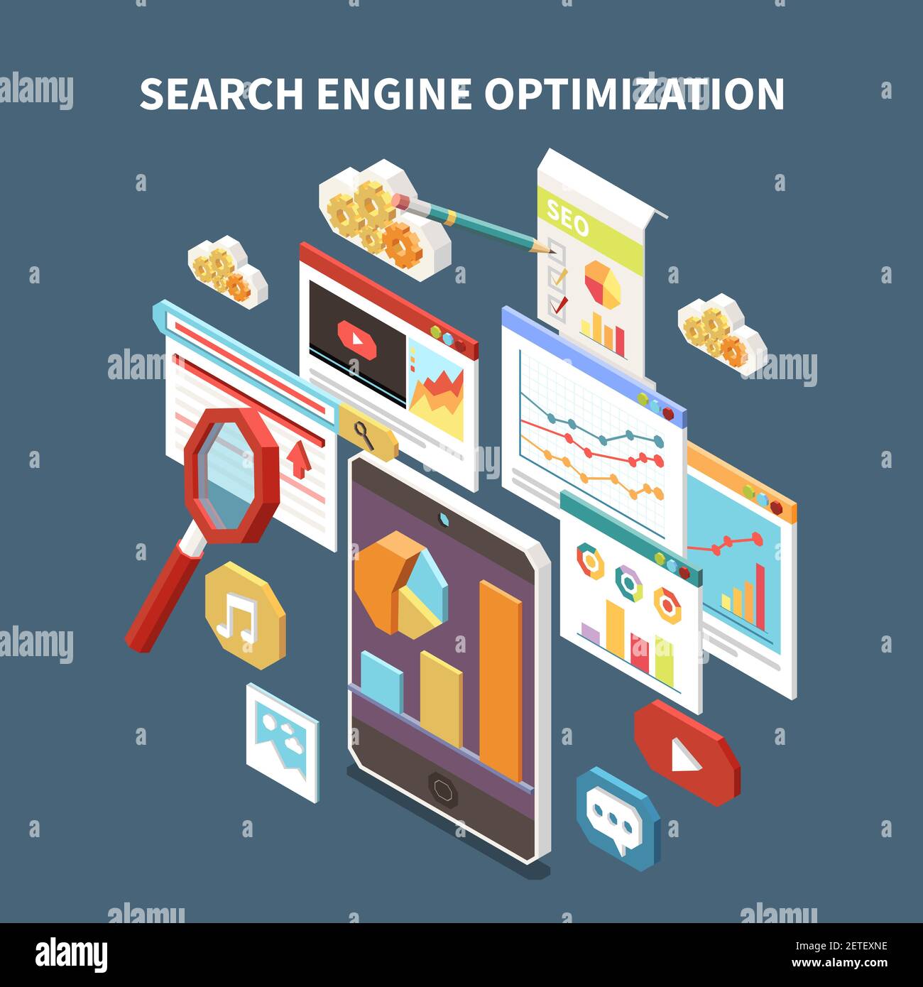 Web SEO isometric composition with search engine optimization headline and isolated elements vector illustration Stock Vector