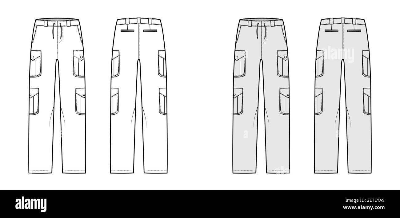 Set of cargo pants technical fashion illustration with low waist, rise, pockets, belt loops, full lengths. Flat bottom apparel template front back, white, grey color style. Women men unisex CAD mockup Stock Vector