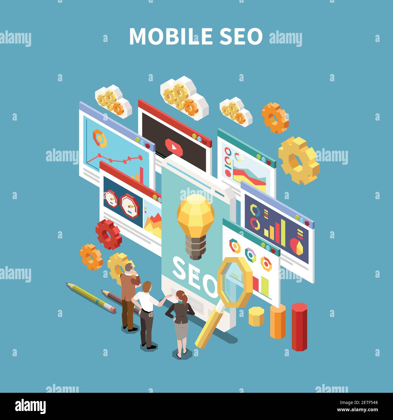 Web SEO isometric and colored composition with mobile seo description and business meeting or brainstorming situation vector illustration Stock Vector
