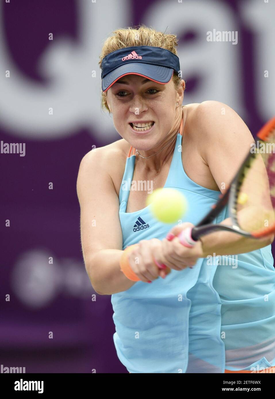 170216) -- DOHA, Feb. 16, 2017 (Xinhua) -- Anastasia Pavlyuchenkova of  Russia returns the ball during the singles second round match against  Dominika Cibulkova of Slovakia at WTA Qatar Open 2017 at