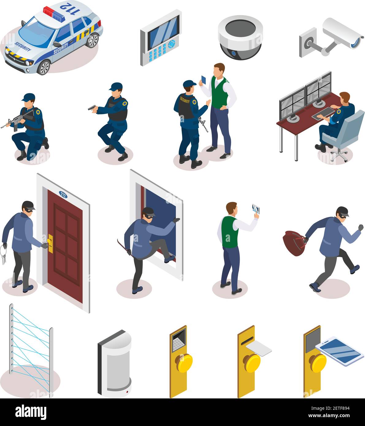 Security systems isometric icons set with laser motion sensors surveillance camera operator officers in action vector illustration Stock Vector
